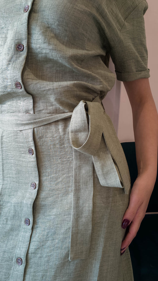 Linen Button Dress – Olive Green