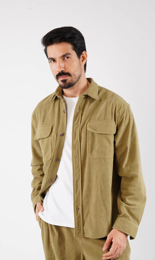 Corduroy Pleated Set - Khaki Olive