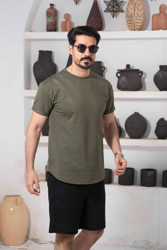 Basic Cotton long-fit T-Shirt – Olive Green