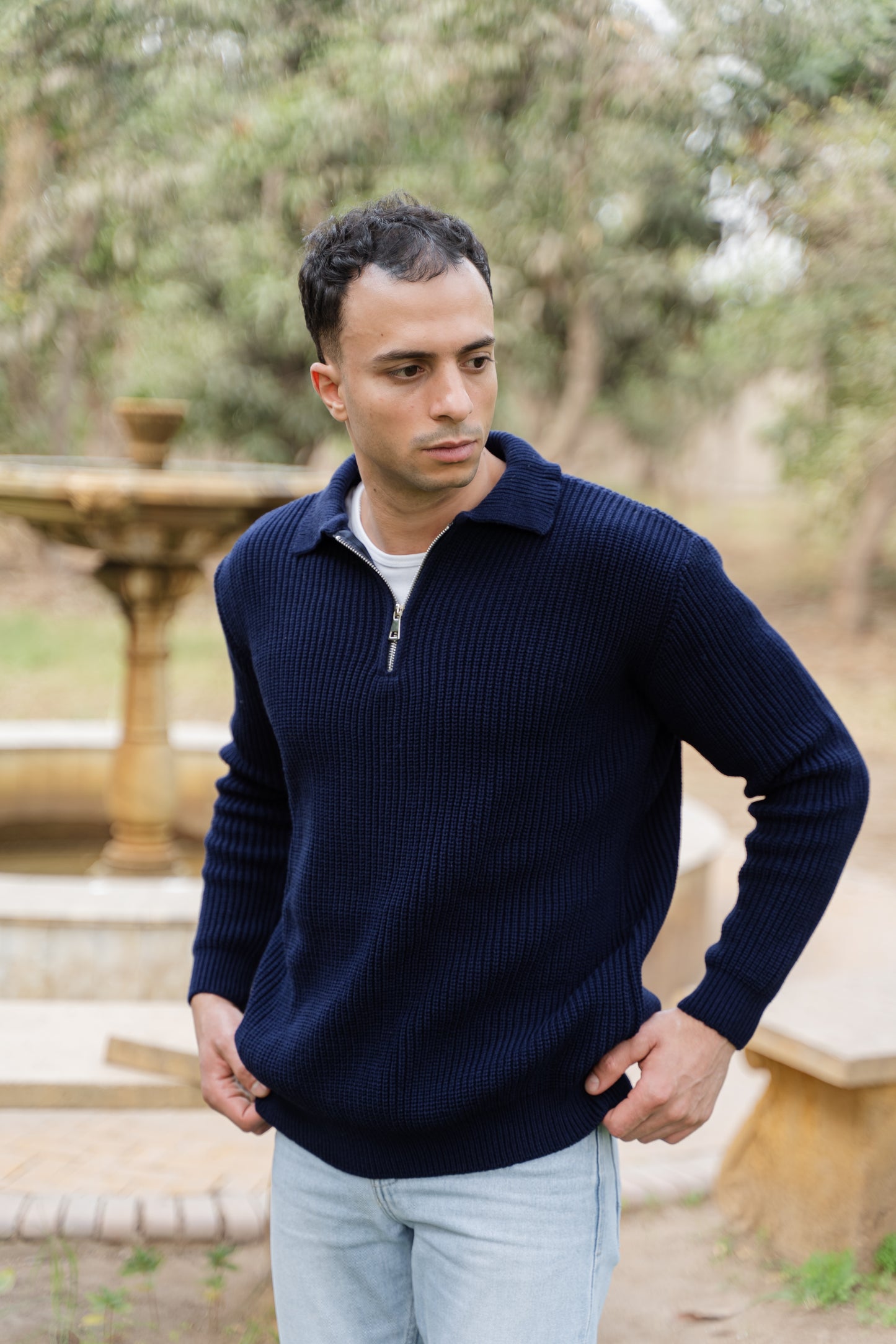 Navy Blue Quarter-Zip Knit Sweater