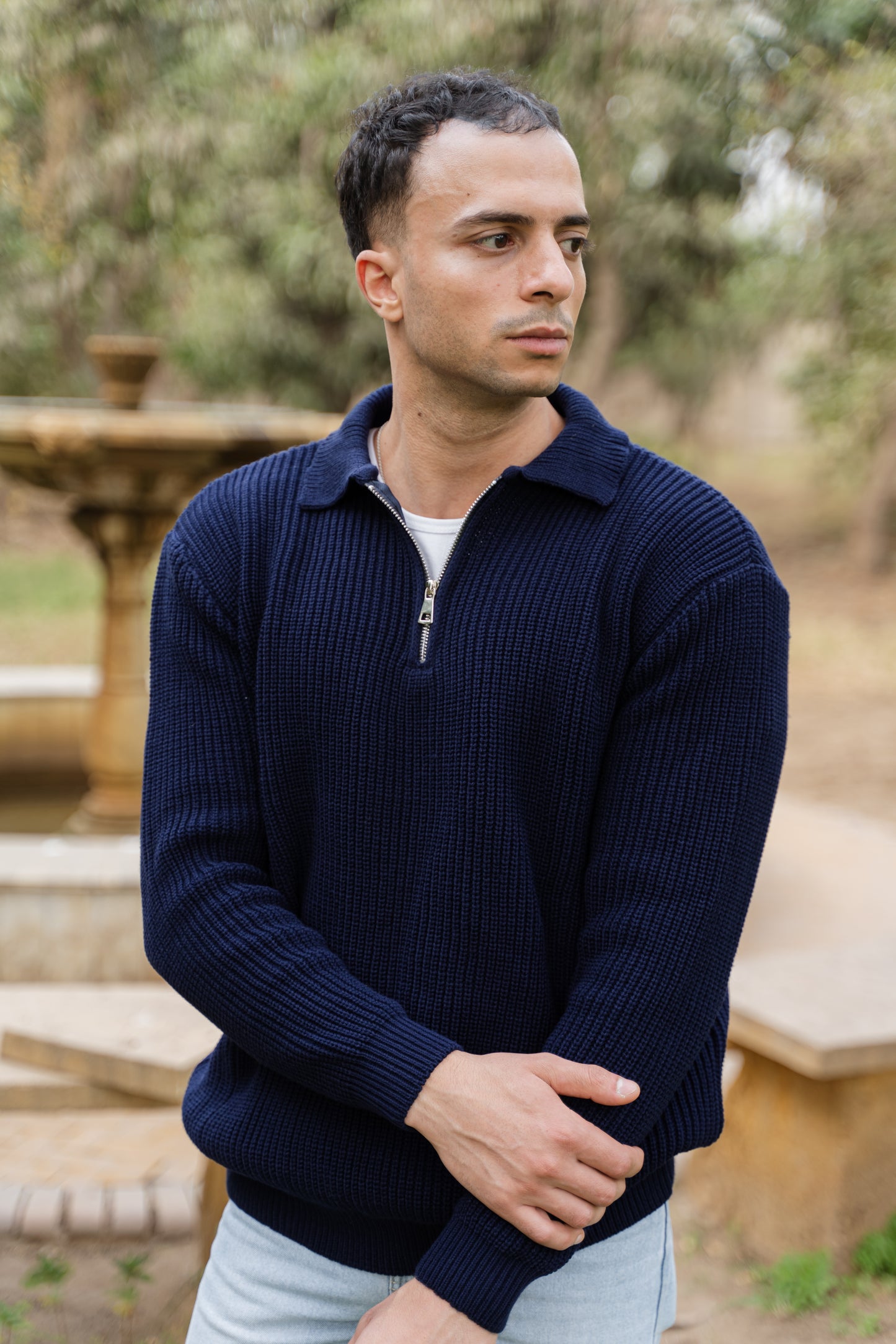 Navy Blue Quarter-Zip Knit Sweater