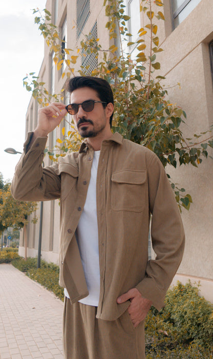 Corduroy Pleated Shirt - Khaki Olive