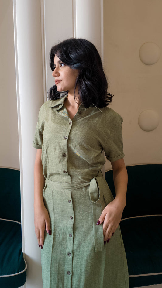 Linen Button Dress – Olive Green