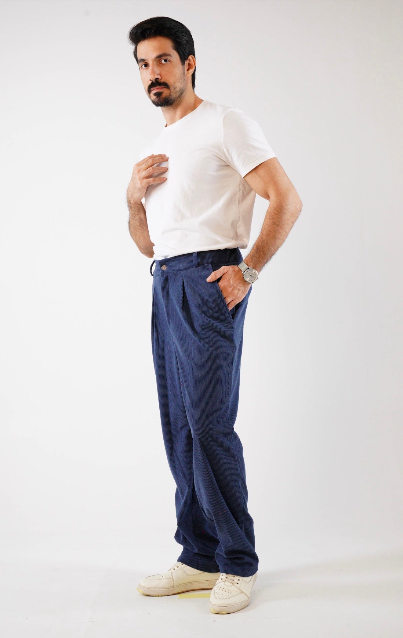 Corduroy Pleated Jogger Pants- Navy