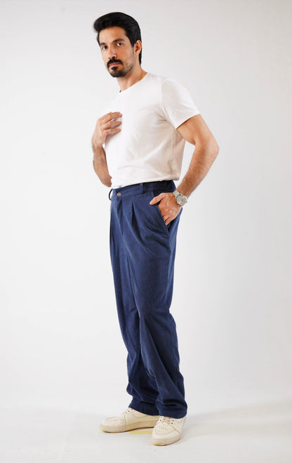Corduroy Pleated Jogger Pants- Navy