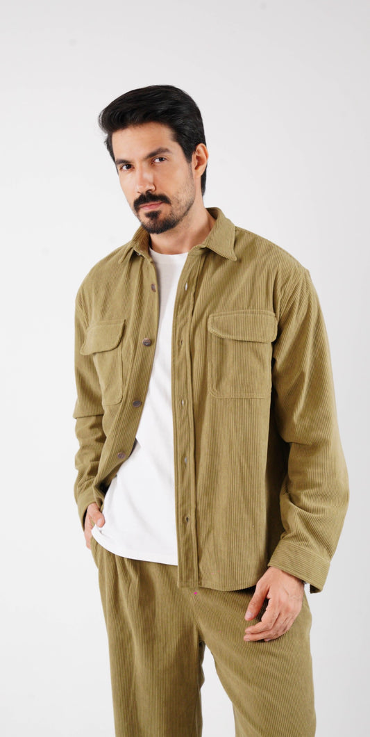 Corduroy Pleated Shirt - Khaki Olive