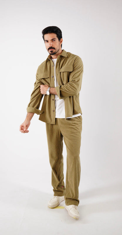 Corduroy Pleated Shirt - Khaki Olive