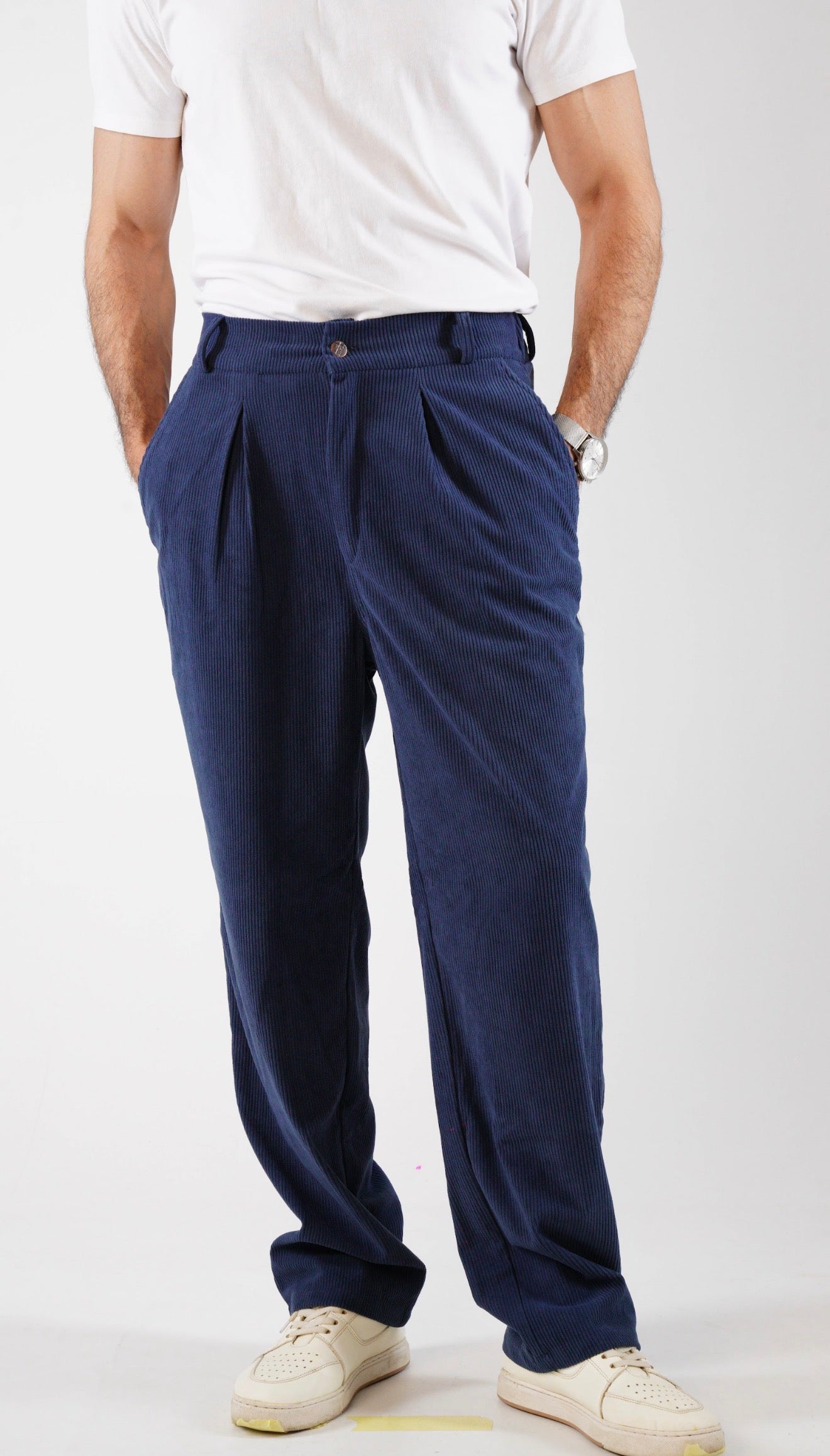 Corduroy Pleated Jogger Pants- Navy