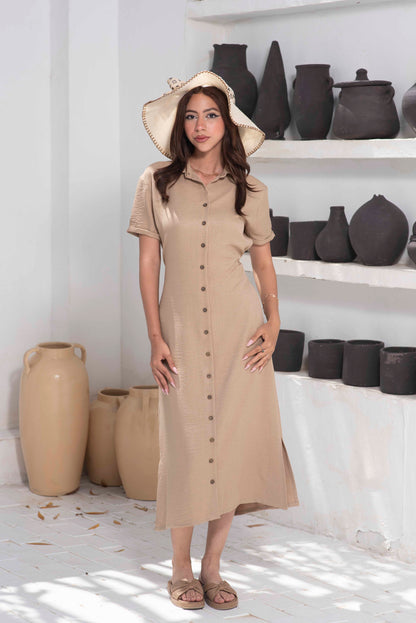 Linen Button Dress – Sandy Beige