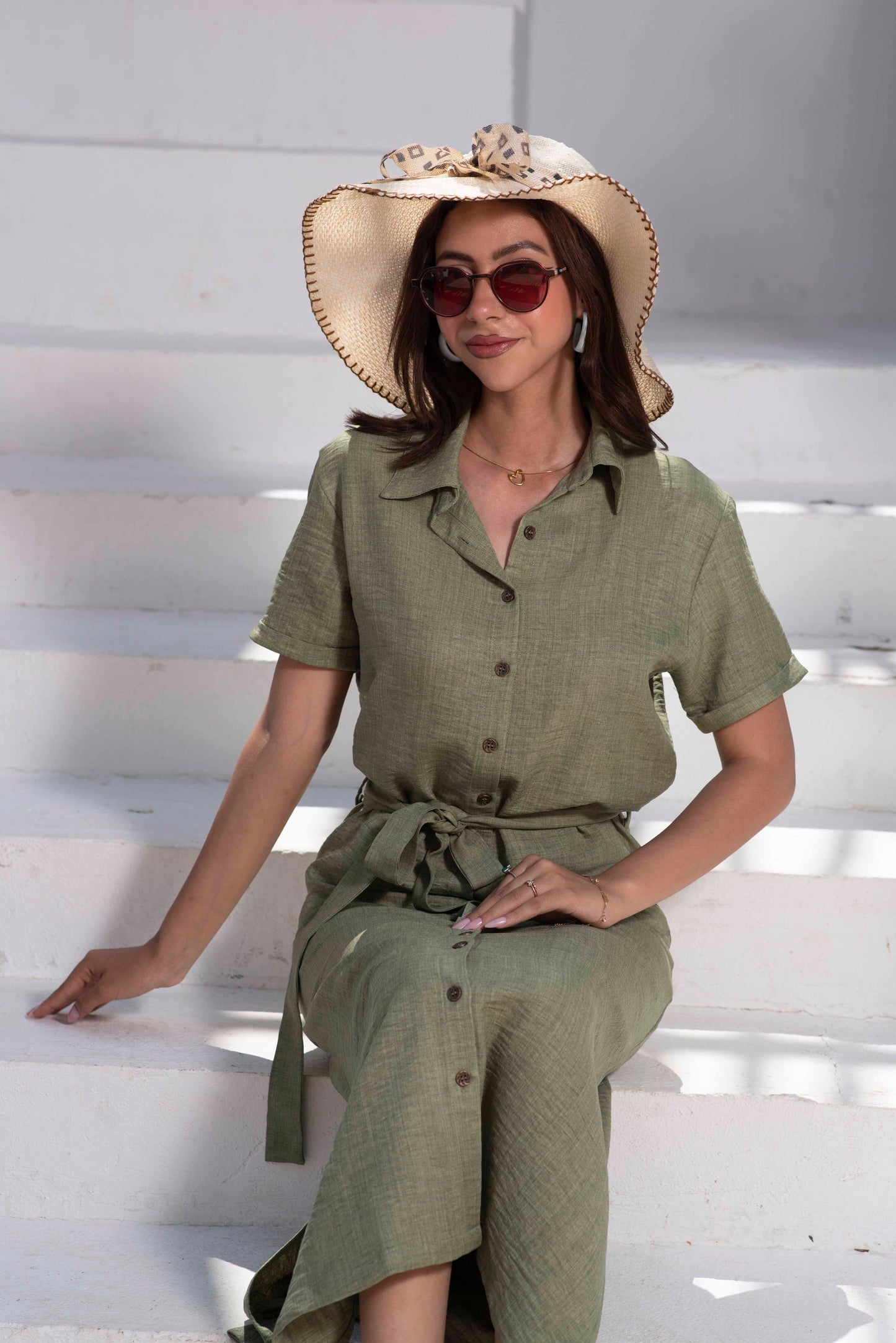 Linen Button Dress – Olive Green