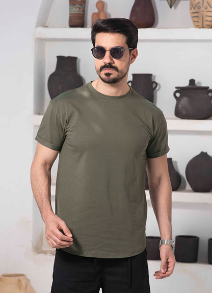 Basic Cotton long-fit T-Shirt – Olive Green