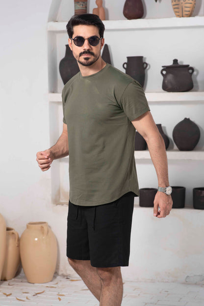 Basic Cotton long-fit T-Shirt – Olive Green
