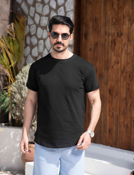 Basic Cotton long-fit T-Shirt – Black
