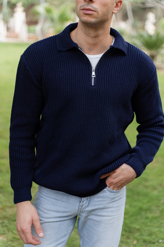 Navy Blue Quarter-Zip Knit Sweater