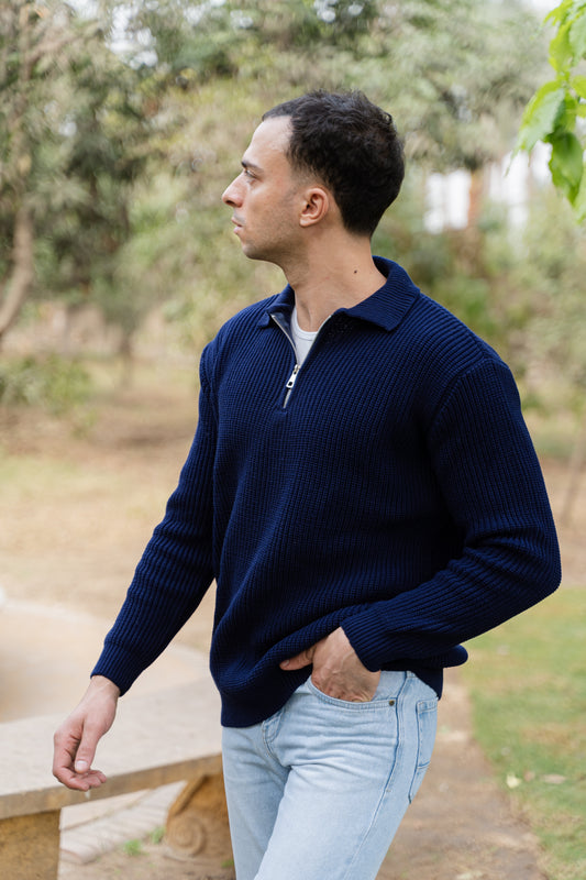 Navy Blue Quarter-Zip Knit Sweater
