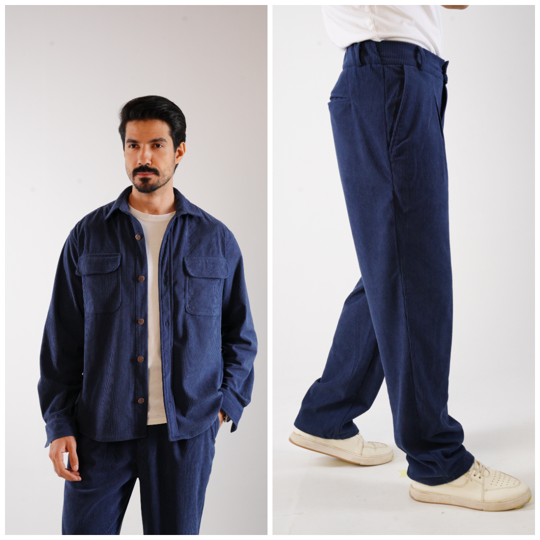 Corduroy Pleated set - Navy Blue