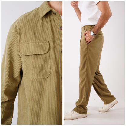 Corduroy Pleated Set - Khaki Olive